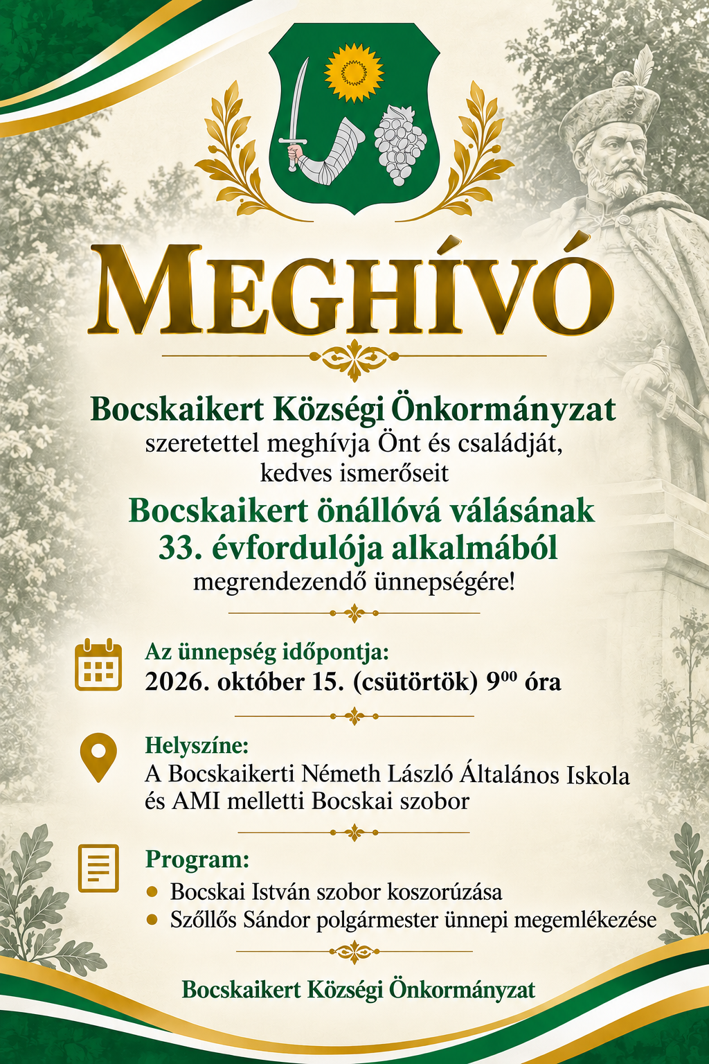 Meghívó Bocskaikert önállóvá válásának 33. évfordulója alkalmából